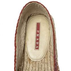 Pre Owned Prada Sport Cream/Red Woven Leather Espadrille Platform Flat Loafers Size 38.5