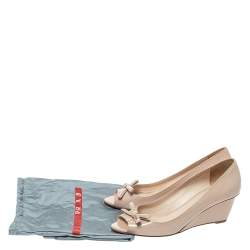 Pre Owned Prada Sport Beige Patent Leather Bow Peep Toe Wedge Pumps Size 38.5