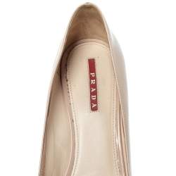 Pre Owned Prada Sport Beige Patent Leather Bow Peep Toe Wedge Pumps Size 38.5