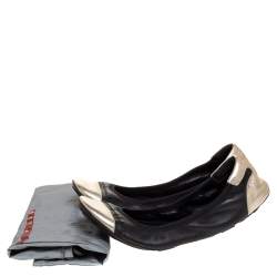 Prada Sport Black/Silver Leather Scrunch Ballet Flats Size 38.5