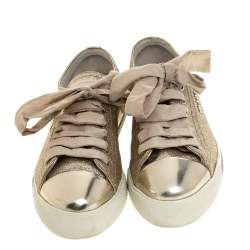 Pre Owned Prada Sport Gold Glitter And Leather Cap Toe Low Top Sneakers Size 36