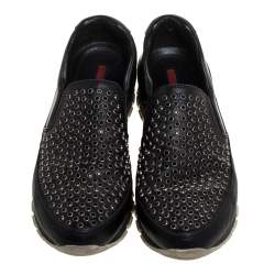 Pre Owned Prada Sport Black Leather Studded Slip On Sneakers Size 37