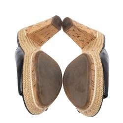 مملوكة مسبقًا Prada Sport Black Leather Espadrille Cork Heel Slide Platform Sandals Size 38.5