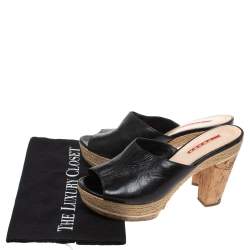 مملوكة مسبقًا Prada Sport Black Leather Espadrille Cork Heel Slide Platform Sandals Size 38.5