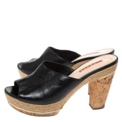 مملوكة مسبقًا Prada Sport Black Leather Espadrille Cork Heel Slide Platform Sandals Size 38.5