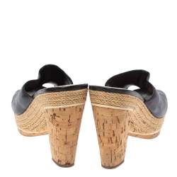 مملوكة مسبقًا Prada Sport Black Leather Espadrille Cork Heel Slide Platform Sandals Size 38.5