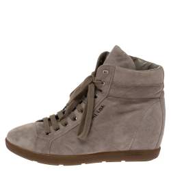 Pre Owned Prada Sport Grey Suede Leather Wedge High Top Sneakers Size 38.5