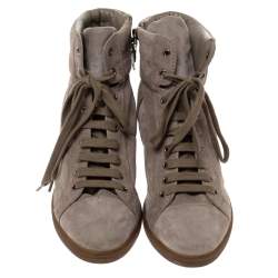 Pre Owned Prada Sport Grey Suede Leather Wedge High Top Sneakers Size 38.5