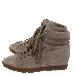 Pre Owned Prada Sport Grey Suede Leather Wedge High Top Sneakers Size 38.5