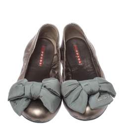 Pre Owned Prada Sport Metallic Bronze Leather Bow Detail Scrunch Ballet Flats Size 40