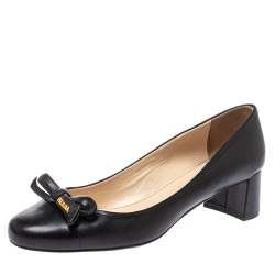 Pre Owned Prada Sports Black Leather Bow Block Heel Round Toe Pumps Size 39