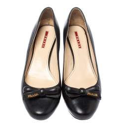 Pre Owned Prada Sports Black Leather Bow Block Heel Round Toe Pumps Size 39