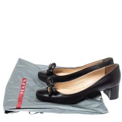 Pre Owned Prada Sports Black Leather Bow Block Heel Round Toe Pumps Size 39