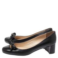 Pre Owned Prada Sports Black Leather Bow Block Heel Round Toe Pumps Size 39