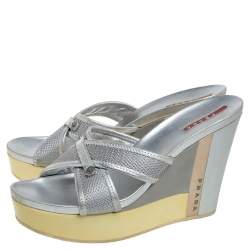 Pre Owned Prada Sports Silver Mesh And Leather Trim Cross Strap Wedge Platform Sandals Size 39