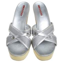 Pre Owned Prada Sports Silver Mesh And Leather Trim Cross Strap Wedge Platform Sandals Size 39