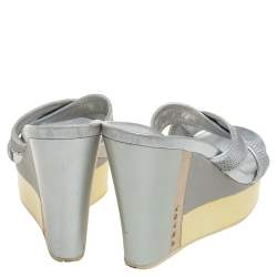Pre Owned Prada Sports Silver Mesh And Leather Trim Cross Strap Wedge Platform Sandals Size 39