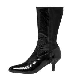 Pre Owned Prada Sport Black Patent Leather And Fabric Mid-Length Boots Size 39.5 