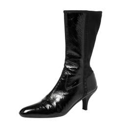 Pre Owned Prada Sport Black Patent Leather And Fabric Mid-Length Boots Size 39.5 