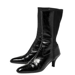 Pre Owned Prada Sport Black Patent Leather And Fabric Mid-Length Boots Size 39.5 