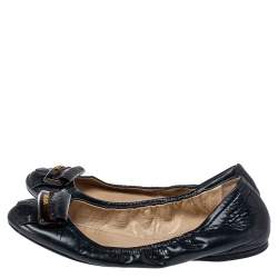 Pre Owned Prada Sport Navy Blue Patent Leather Fringe Detail Scrunch Ballet Flat Size 40