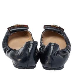 Pre Owned Prada Sport Navy Blue Patent Leather Fringe Detail Scrunch Ballet Flat Size 40