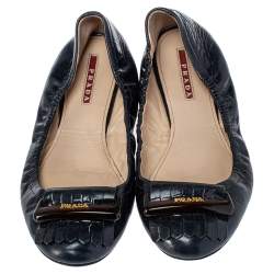 Pre Owned Prada Sport Navy Blue Patent Leather Fringe Detail Scrunch Ballet Flat Size 40
