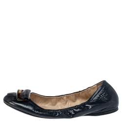 Pre Owned Prada Sport Navy Blue Patent Leather Fringe Detail Scrunch Ballet Flat Size 40