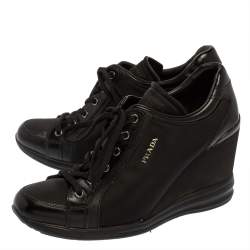 Pre Owned Prada Sport Black Nylon And Leather Wedge Lace Up Sneakers Size 40