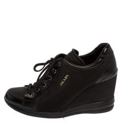 Pre Owned Prada Sport Black Nylon And Leather Wedge Lace Up Sneakers Size 40