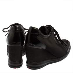 Pre Owned Prada Sport Black Nylon And Leather Wedge Lace Up Sneakers Size 40