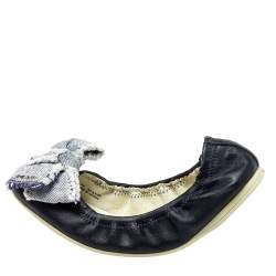 Prada Sport Dark Blue Leather Bow Scrunch Ballet Flats Size 36