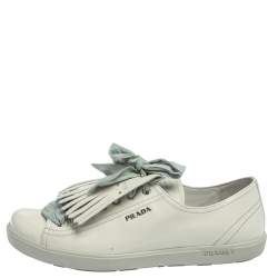 مملوكة مسبقًا Prada Sport Off White Patent Leather Fringe Detail Low Top Sneakers Size 41