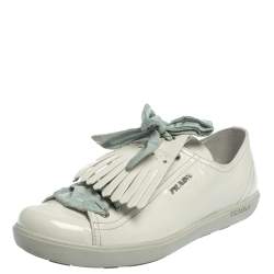 مملوكة مسبقًا Prada Sport Off White Patent Leather Fringe Detail Low Top Sneakers Size 41