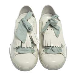 مملوكة مسبقًا Prada Sport Off White Patent Leather Fringe Detail Low Top Sneakers Size 41