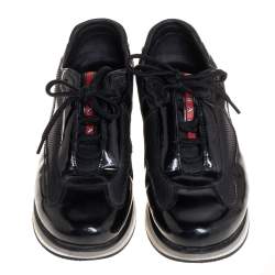 Pre Owned Prada Sport Black Patent Leather And Mesh Low Top Sneakers Size 39.5
