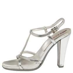 Pre Owned Prada Sport Silver Metallic Leather T-Strap Sandals Size 37