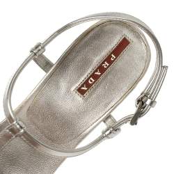 Pre Owned Prada Sport Silver Metallic Leather T-Strap Sandals Size 37