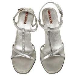 Pre Owned Prada Sport Silver Metallic Leather T-Strap Sandals Size 37