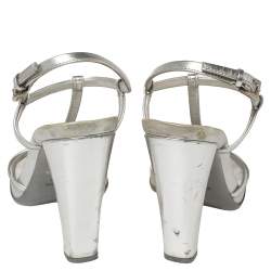 Pre Owned Prada Sport Silver Metallic Leather T-Strap Sandals Size 37