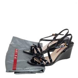 Pre Owned Prada Sport Black Patent Leather Bow Wedge Sandals Size 36