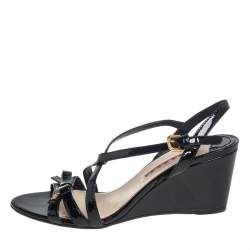 Pre Owned Prada Sport Black Patent Leather Bow Wedge Sandals Size 36