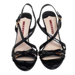 Pre Owned Prada Sport Black Patent Leather Bow Wedge Sandals Size 36