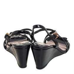 Pre Owned Prada Sport Black Patent Leather Bow Wedge Sandals Size 36