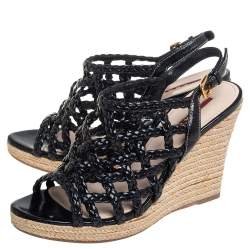 Pre Owned صندل برادا سبورت فتحة كعب إسبادريل كعب روكي قفي جلد مضفر أسود مقاس 36