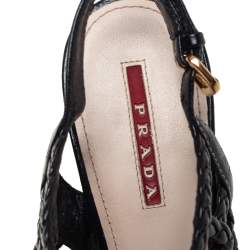 Pre Owned صندل برادا سبورت فتحة كعب إسبادريل كعب روكي قفي جلد مضفر أسود مقاس 36