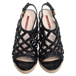 Pre Owned صندل برادا سبورت فتحة كعب إسبادريل كعب روكي قفي جلد مضفر أسود مقاس 36