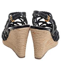 Pre Owned صندل برادا سبورت فتحة كعب إسبادريل كعب روكي قفي جلد مضفر أسود مقاس 36