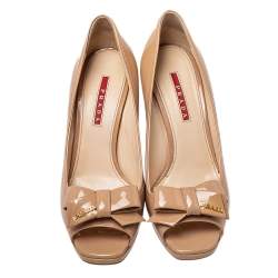 Pre Owned Prada Sport Beige Patent Leather Bow Peep Toe Wedge Pumps Size 38