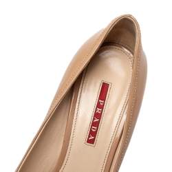 Pre Owned Prada Sport Beige Patent Leather Bow Peep Toe Wedge Pumps Size 38